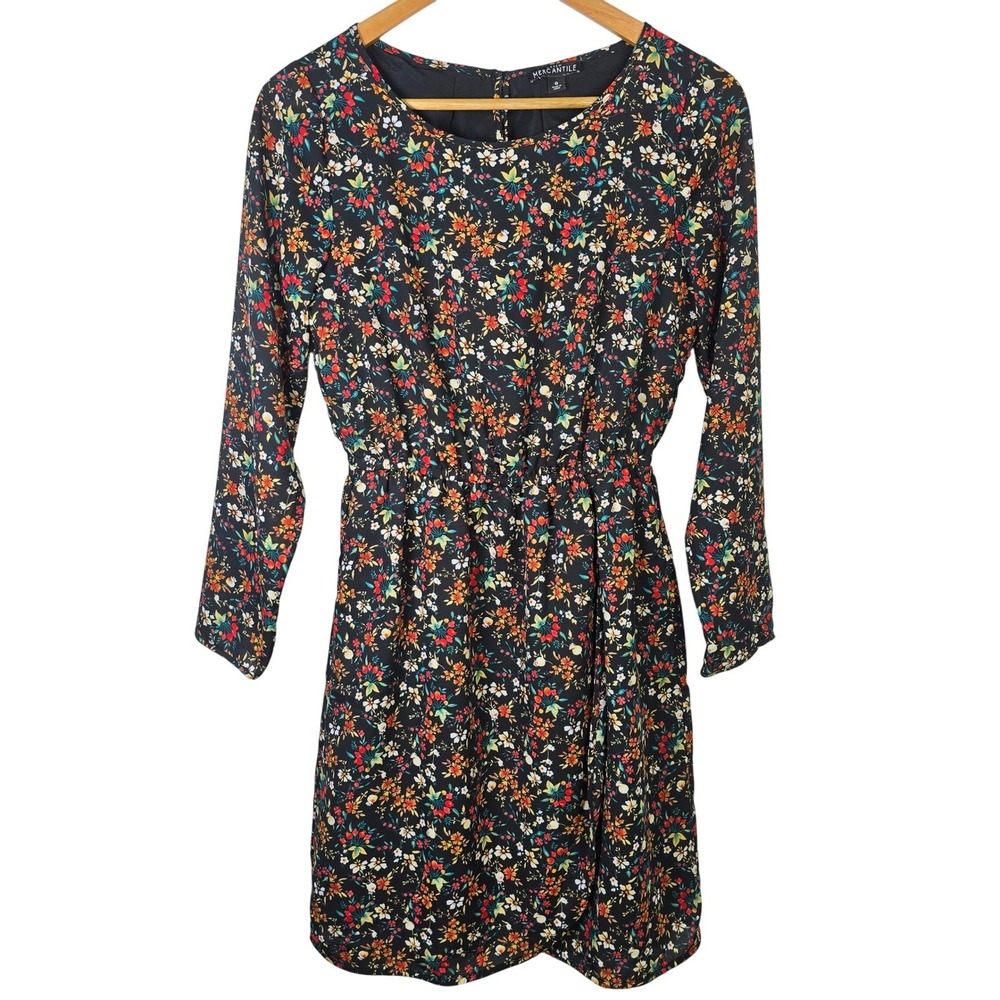 J Crew Mercantile Floral Print Long Sleeve Dress Size 0‎ Black Multicolor